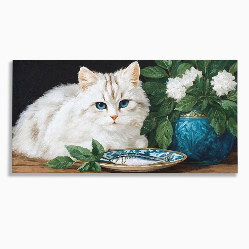 Tablou canvas cu tablou canvas cu pisica alba si peste, fara rama, pe sasiu de lemn