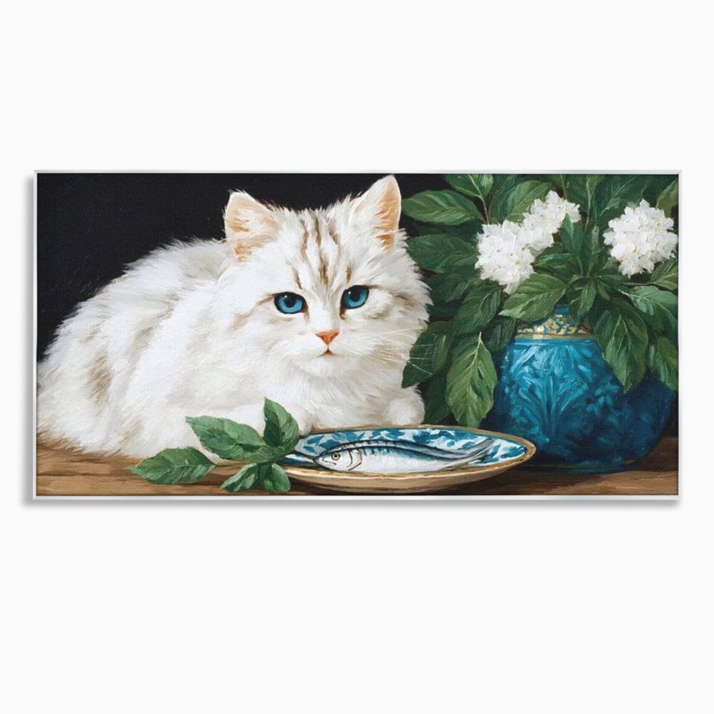 Tablou canvas cu tablou canvas cu pisica alba si peste, in rama de aluminiu argintiu