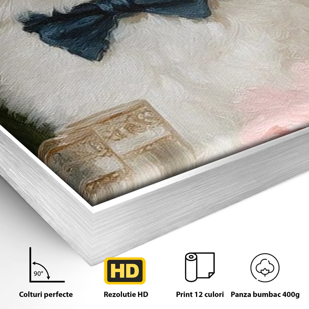 Detaliu al suprafetei: tablou canvas cu motan elegant, in rama de aluminiu argintiu
