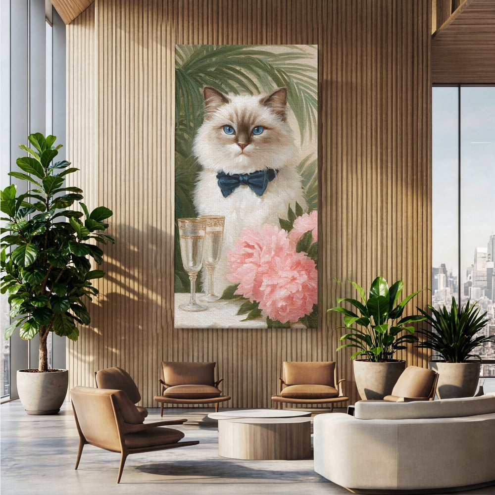 Tablou canvas cu tablou canvas cu motan elegant, fara rama, pe sasiu de lemn, pe perete intr-un birou