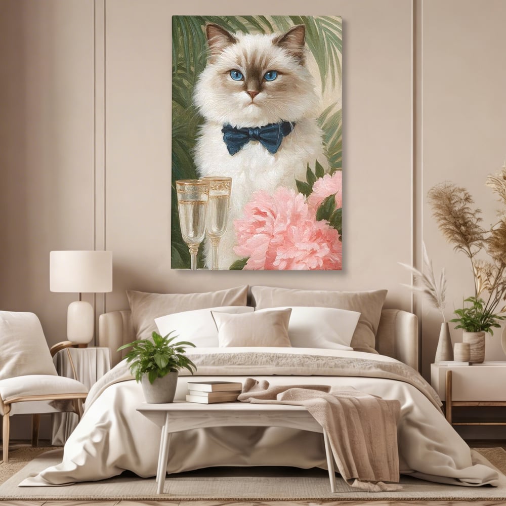 Tablou canvas cu tablou canvas cu motan elegant, fara rama, pe sasiu de lemn, pe perete intr-un dormitor