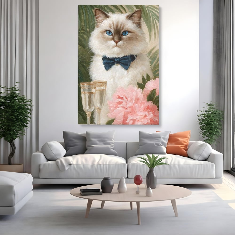 Tablou canvas cu tablou canvas cu motan elegant, fara rama, pe sasiu de lemn, pe perete intr-un living