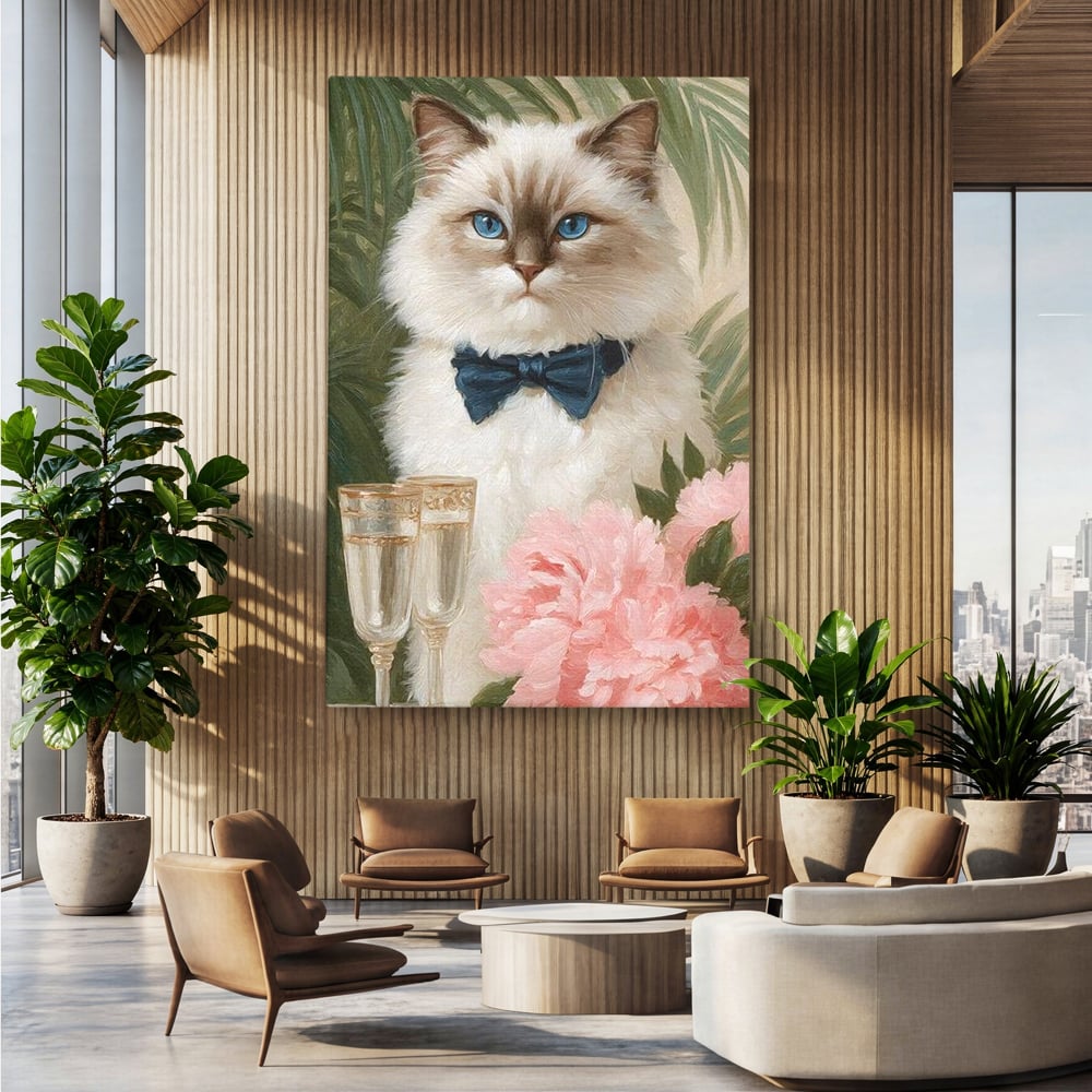 Tablou canvas cu tablou canvas cu motan elegant, fara rama, pe sasiu de lemn, pe perete intr-un birou