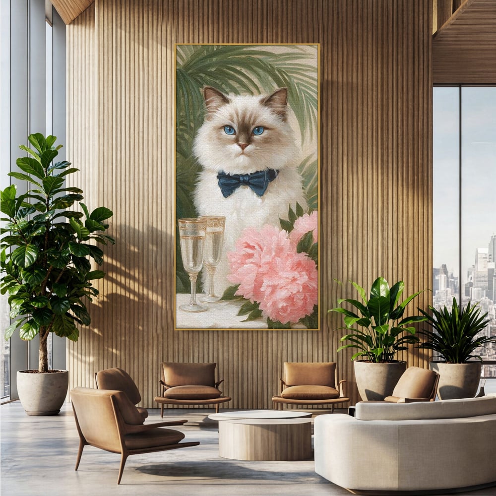 Tablou canvas cu tablou canvas cu motan elegant, in rama de aluminiu auriu, pe perete intr-un birou