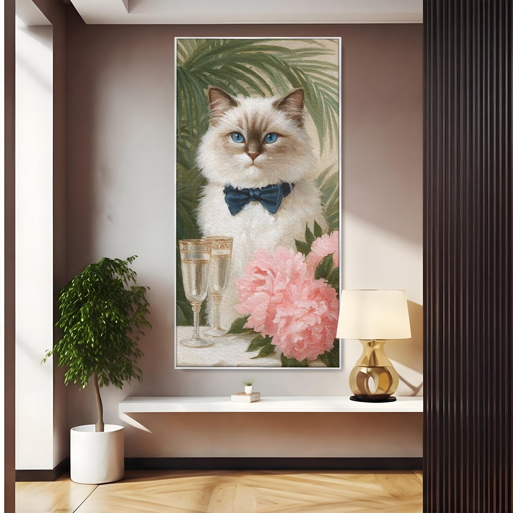 Tablou canvas cu tablou canvas cu motan elegant, in rama de aluminiu argintiu