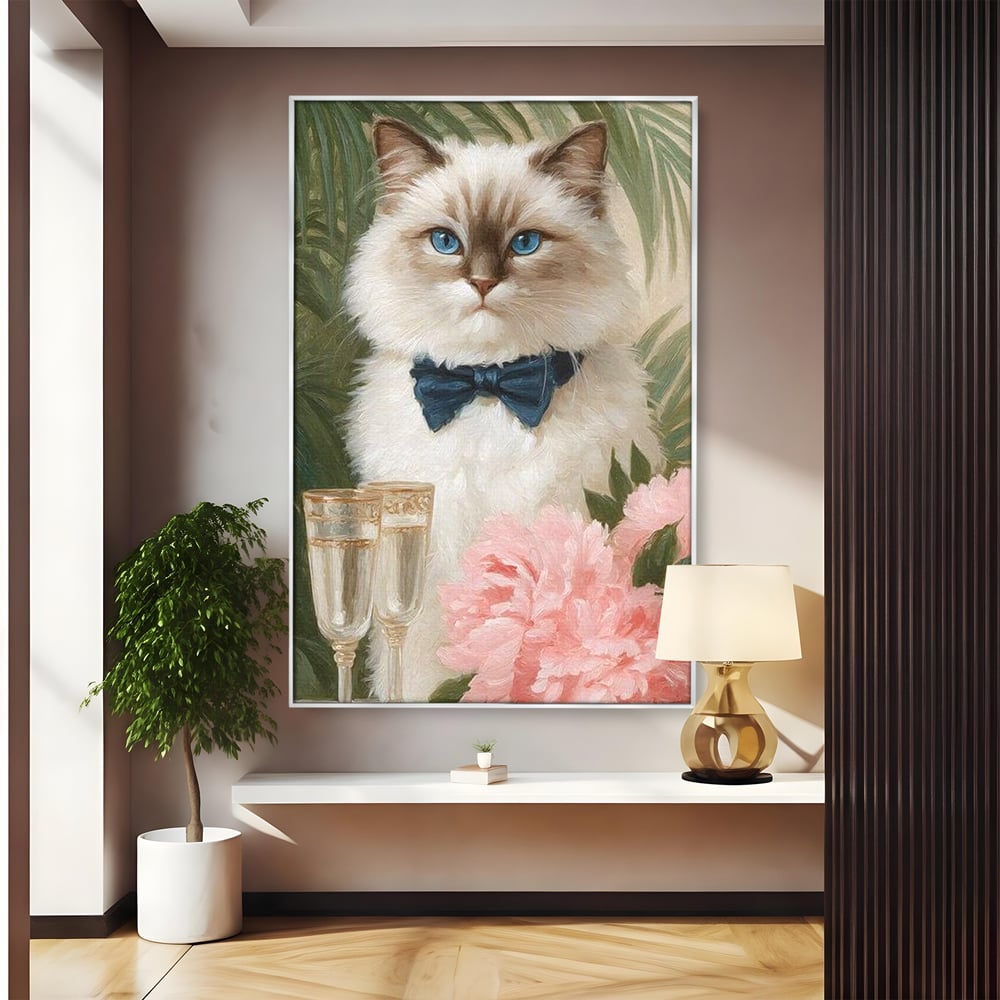 Tablou canvas cu tablou canvas cu motan elegant, in rama de aluminiu argintiu