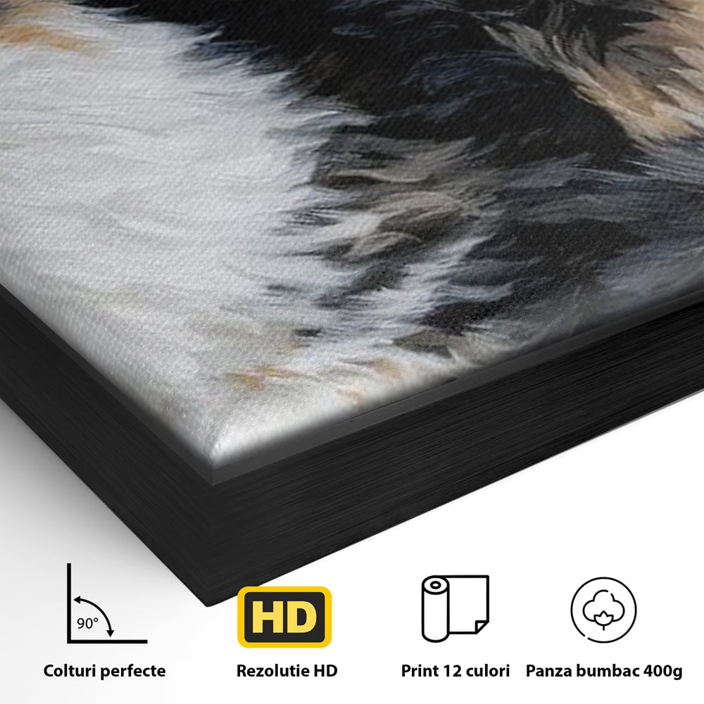 Detaliu al suprafetei: tablou canvas cu pisica calico si accente aurii, in rama de aluminiu negru