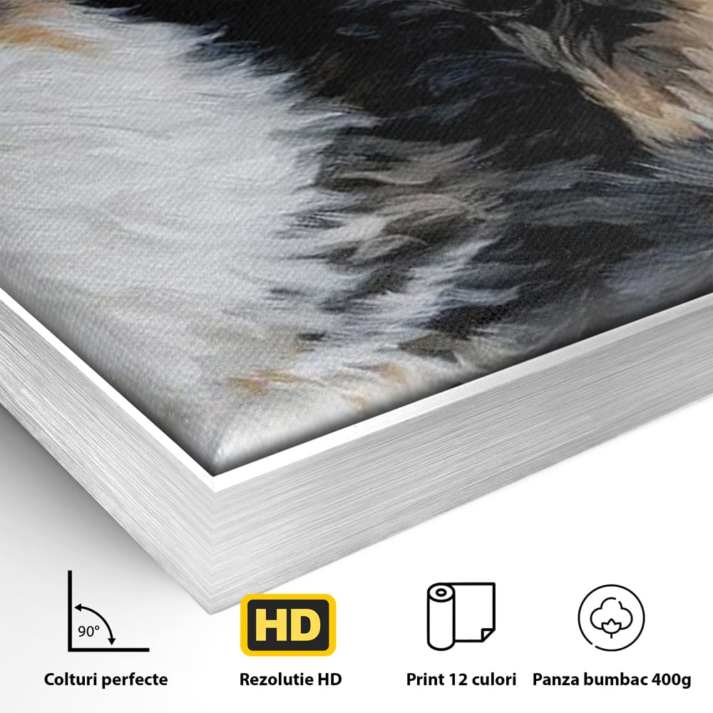 Detaliu al suprafetei: tablou canvas cu pisica calico si accente aurii, in rama de aluminiu argintiu