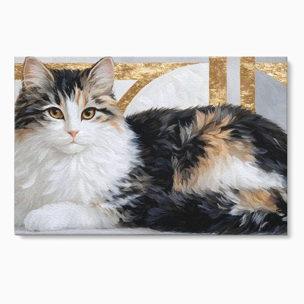 Tablou canvas cu tablou canvas cu pisica calico si accente aurii, fara rama, pe sasiu de lemn