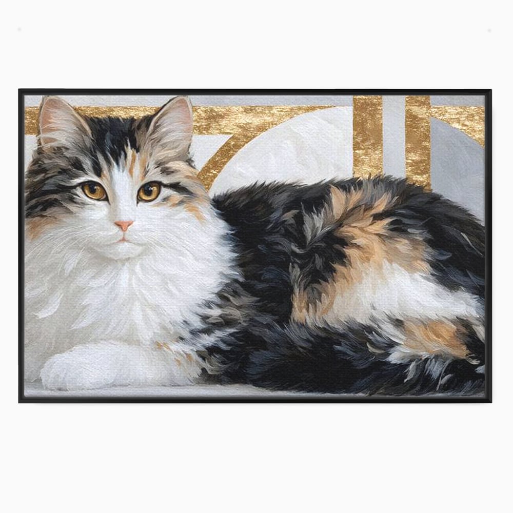 Tablou canvas cu tablou canvas cu pisica calico si accente aurii, in rama de aluminiu negru