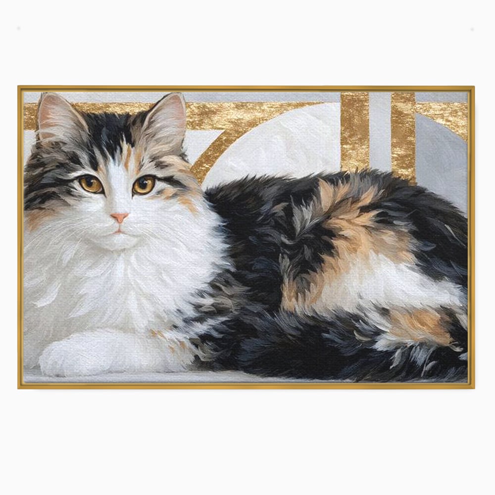 Tablou canvas cu tablou canvas cu pisica calico si accente aurii, in rama de aluminiu auriu
