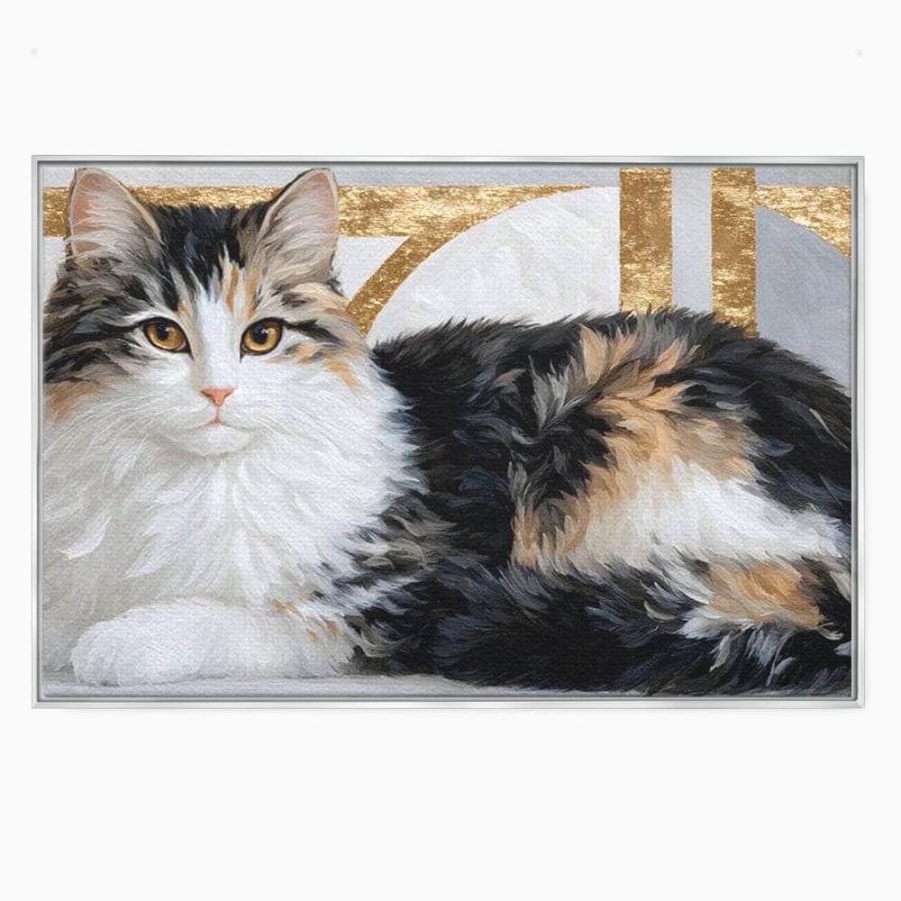 Tablou canvas cu tablou canvas cu pisica calico si accente aurii, in rama de aluminiu argintiu