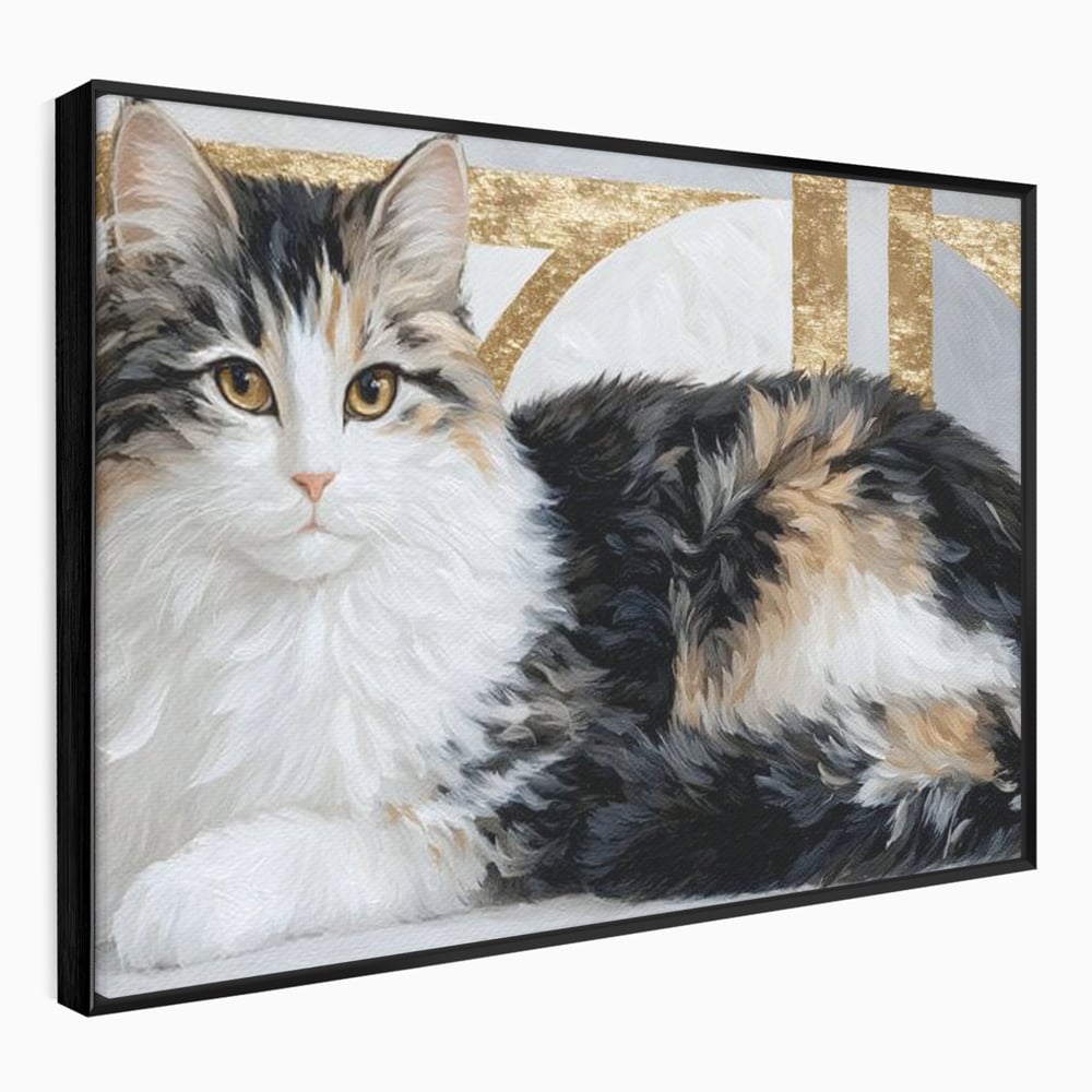 Tablou canvas cu tablou canvas cu pisica calico si accente aurii, in rama de aluminiu negru