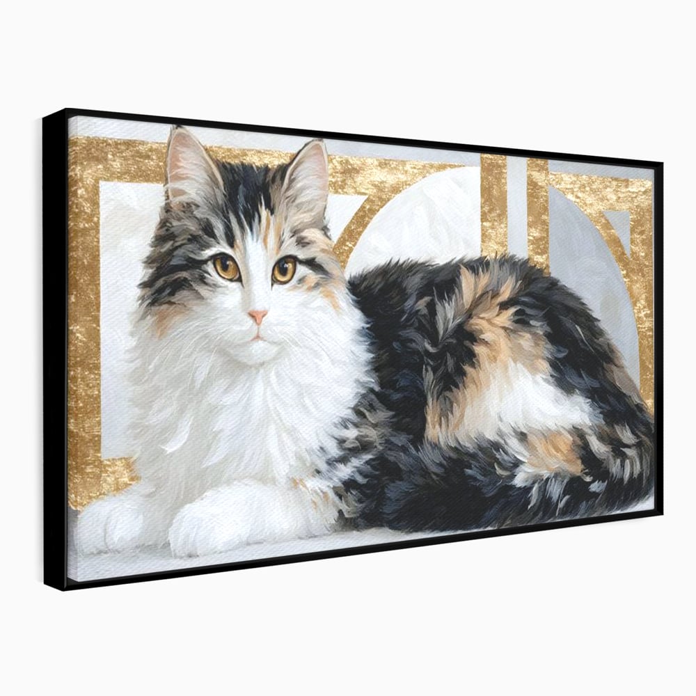 Tablou canvas cu tablou canvas cu pisica calico si accente aurii, in rama de aluminiu negru