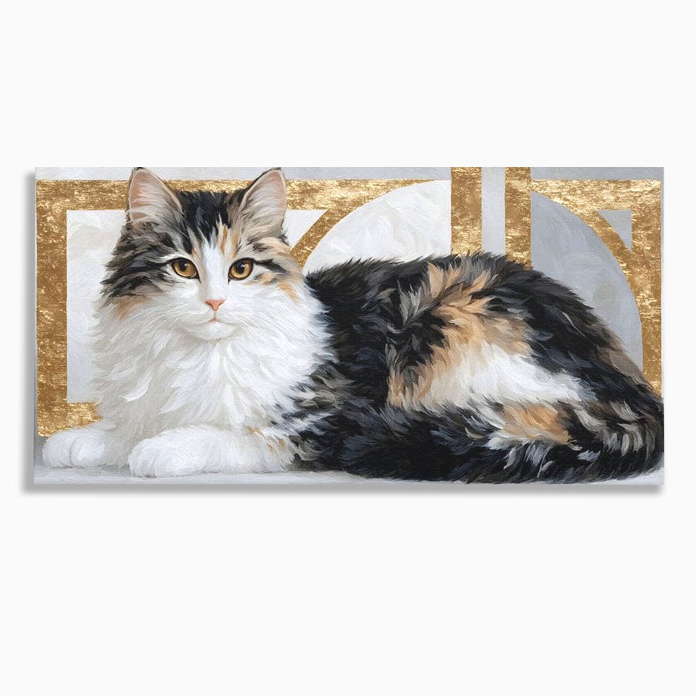 Tablou canvas cu tablou canvas cu pisica calico si accente aurii, fara rama, pe sasiu de lemn