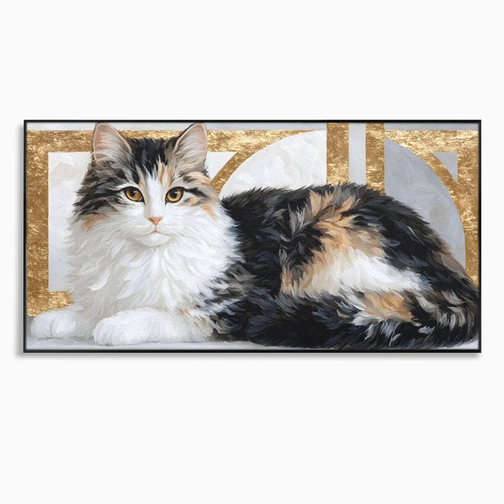 Tablou canvas cu tablou canvas cu pisica calico si accente aurii, in rama de aluminiu negru