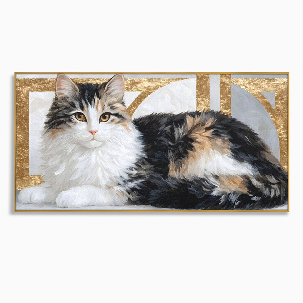Tablou canvas cu tablou canvas cu pisica calico si accente aurii, in rama de aluminiu auriu