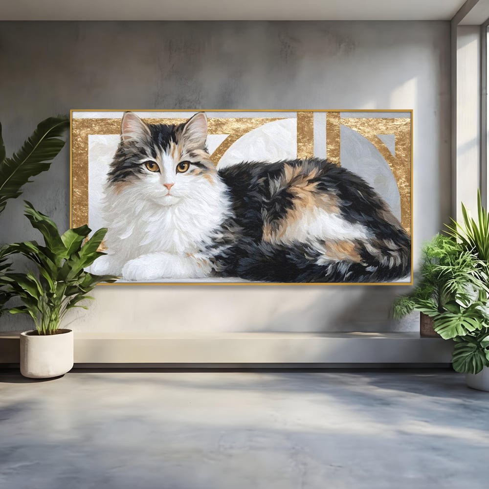 Tablou canvas cu tablou canvas cu pisica calico si accente aurii, in rama de aluminiu auriu