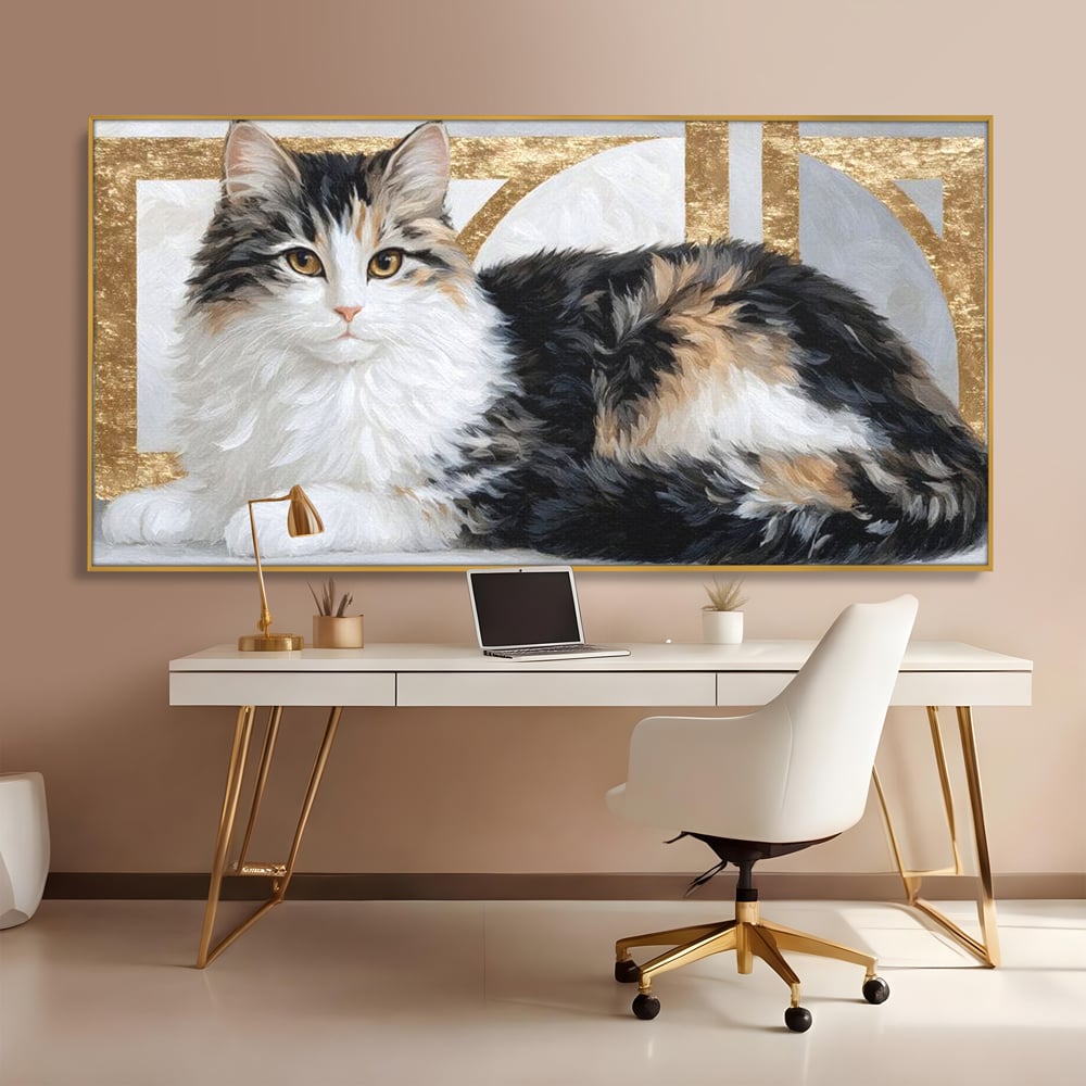 Tablou canvas cu tablou canvas cu pisica calico si accente aurii, in rama de aluminiu auriu, pe perete intr-un birou