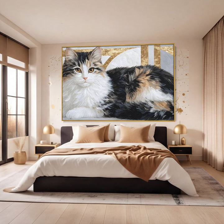 Tablou canvas cu tablou canvas cu pisica calico si accente aurii, in rama de aluminiu auriu, pe perete intr-un dormitor