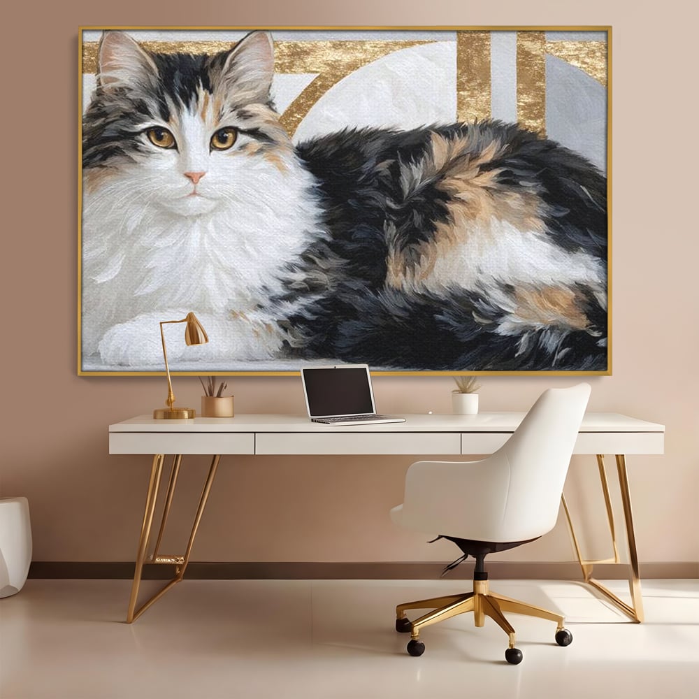 Tablou canvas cu tablou canvas cu pisica calico si accente aurii, in rama de aluminiu auriu, pe perete intr-un birou