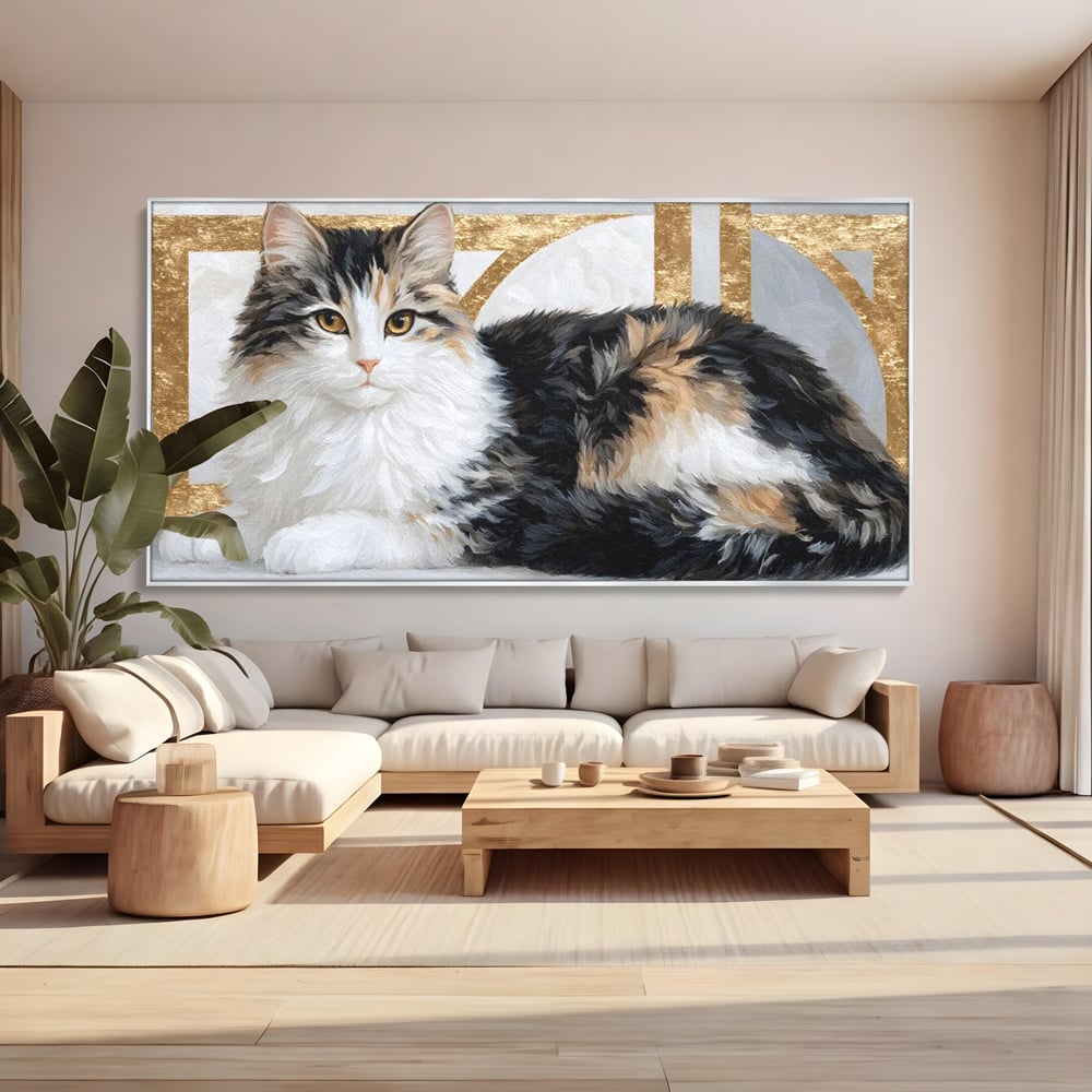 Tablou canvas cu tablou canvas cu pisica calico si accente aurii, in rama de aluminiu argintiu, pe perete intr-un living