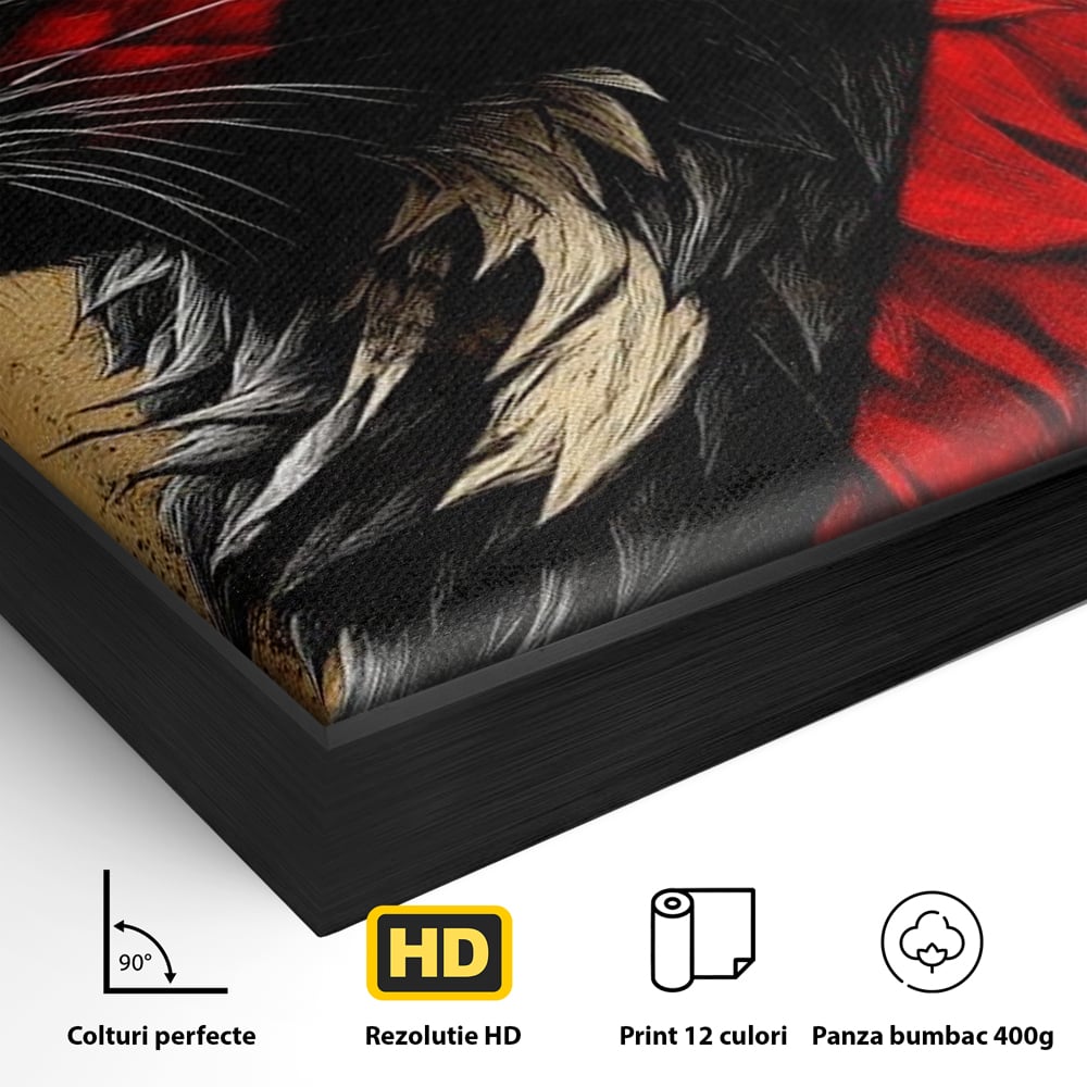Detaliu al suprafetei: tablou canvas cu motan negru in profil, in rama de aluminiu negru