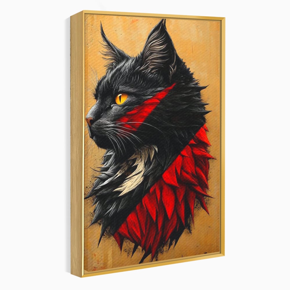 Tablou canvas cu tablou canvas cu motan negru in profil, in rama de aluminiu auriu