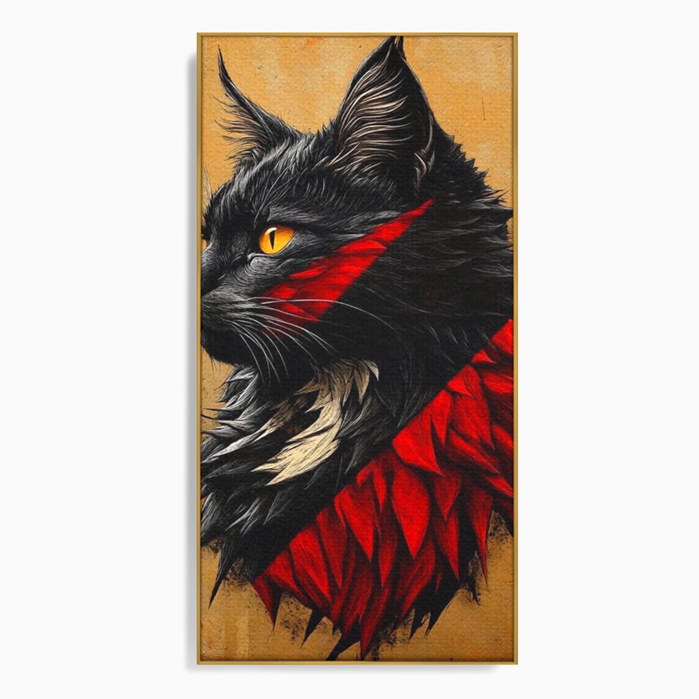 Tablou canvas cu tablou canvas cu motan negru in profil, in rama de aluminiu auriu