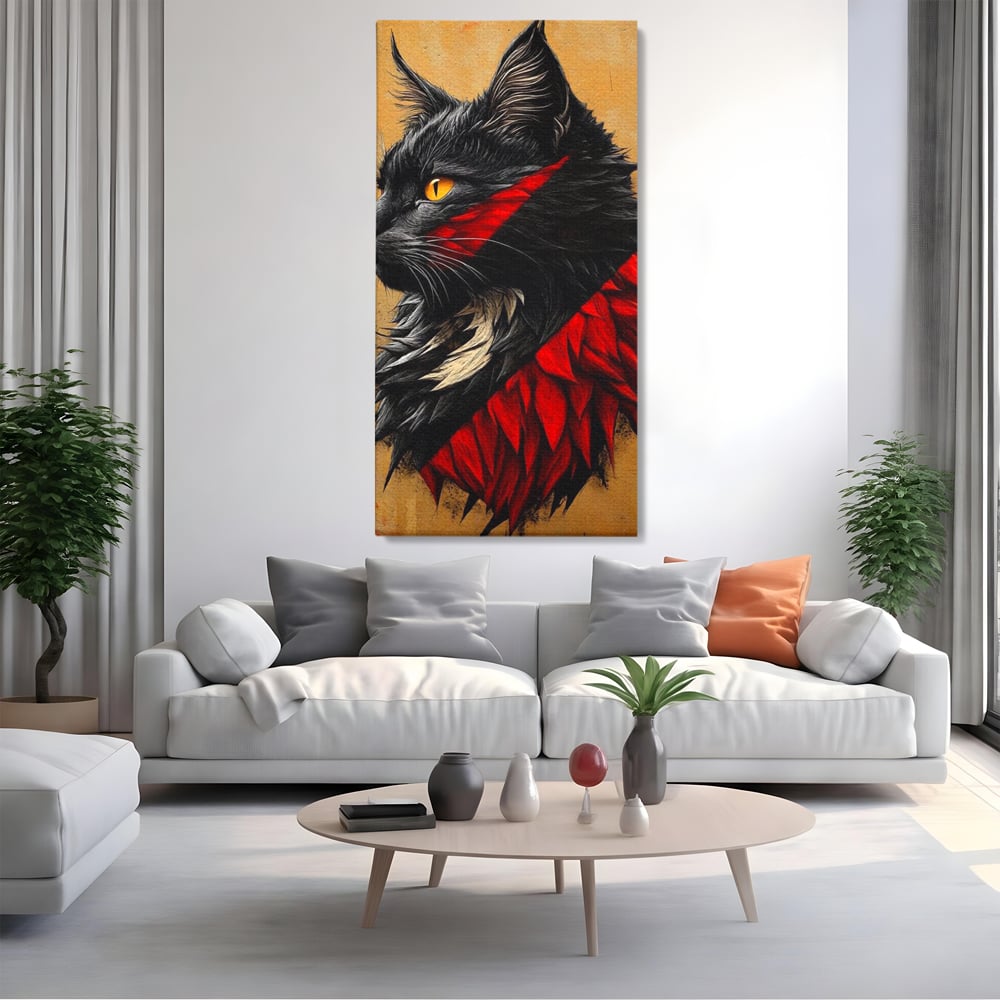 Tablou canvas cu tablou canvas cu motan negru in profil, fara rama, pe sasiu de lemn, pe perete intr-un living