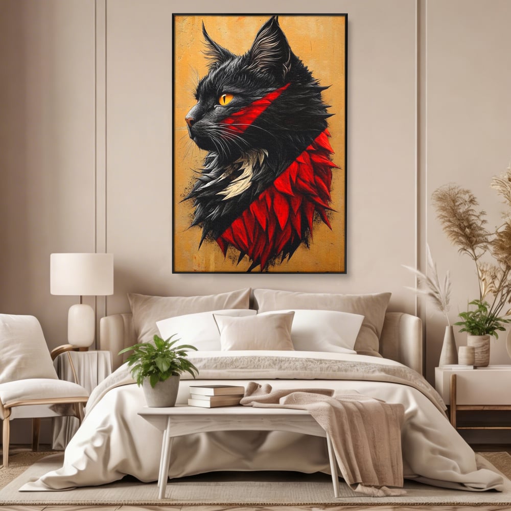 Tablou canvas cu tablou canvas cu motan negru in profil, in rama de aluminiu negru, pe perete intr-un dormitor