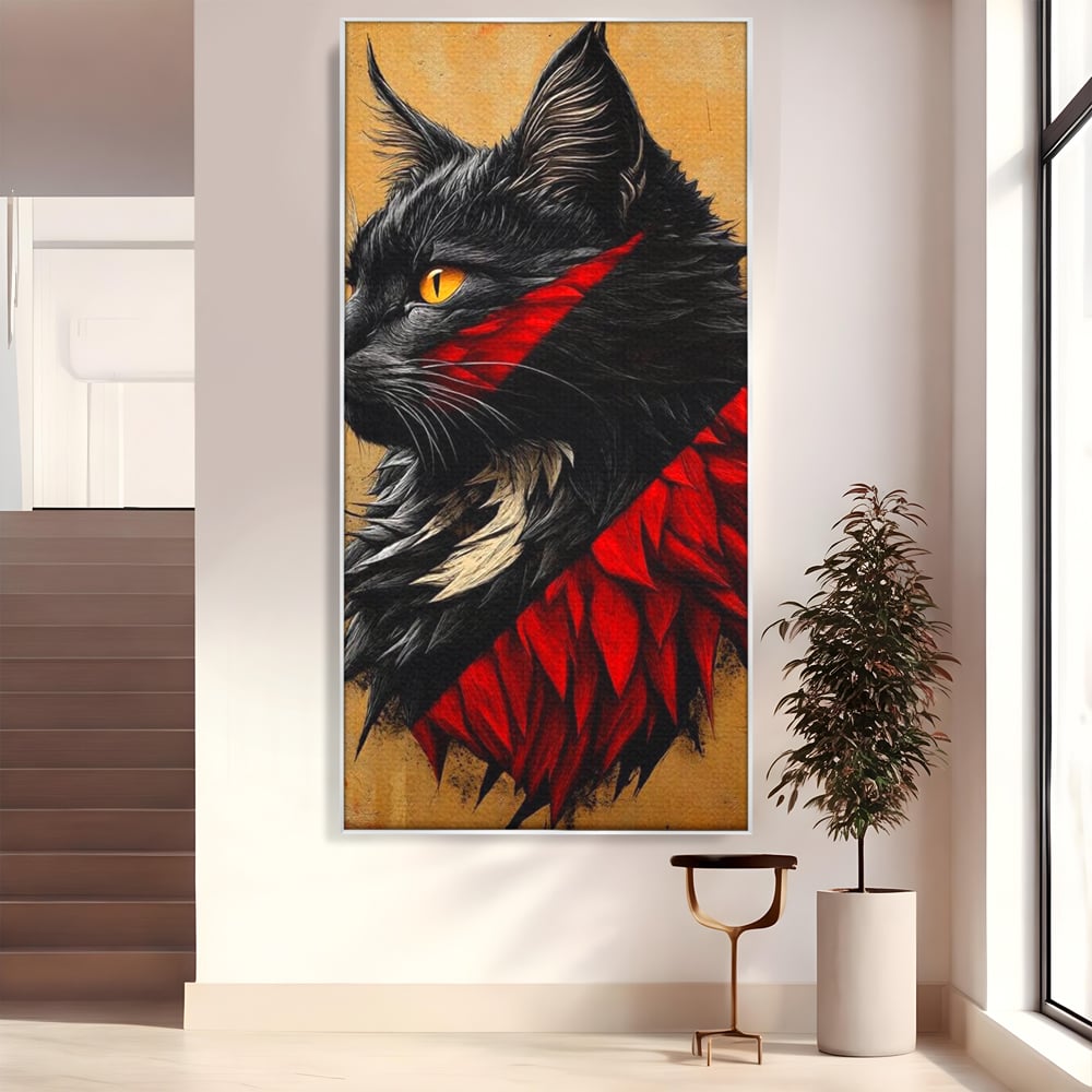 Tablou canvas cu tablou canvas cu motan negru in profil, in rama de aluminiu argintiu