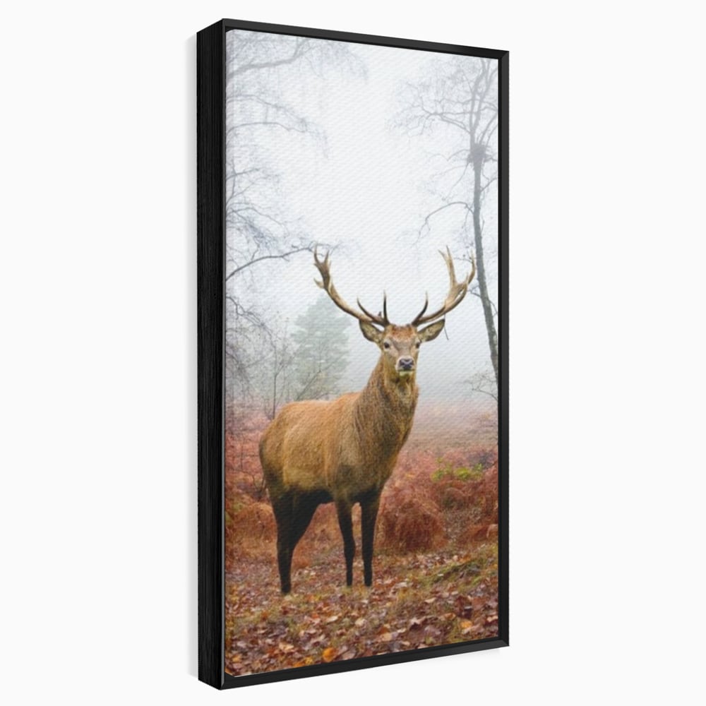 Tablou canvas cu tablou canvas cu cerb in padure cu ceata, in rama de aluminiu negru