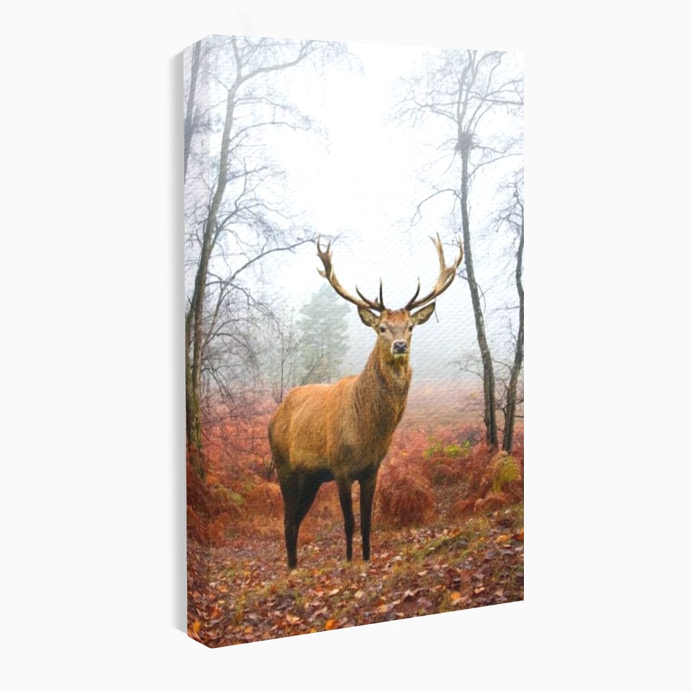 Tablou canvas cu tablou canvas cu cerb in padure cu ceata, fara rama, pe sasiu de lemn