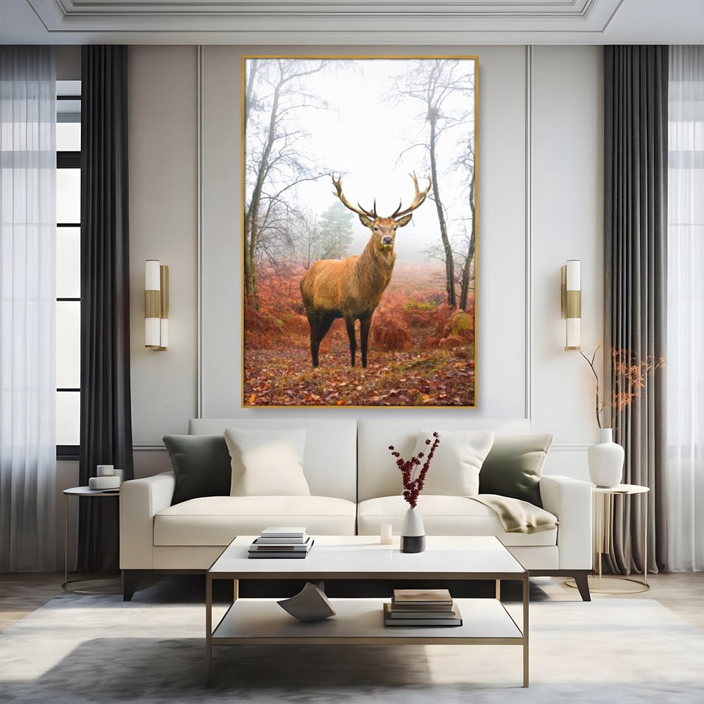 Tablou canvas cu tablou canvas cu cerb in padure cu ceata, in rama de aluminiu auriu, pe perete intr-un living