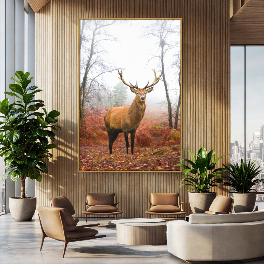 Tablou canvas cu tablou canvas cu cerb in padure cu ceata, in rama de aluminiu auriu, pe perete intr-un birou