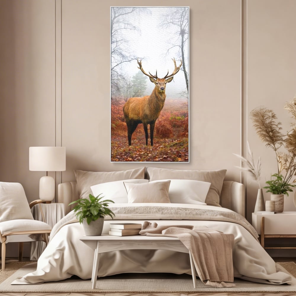 Tablou canvas cu tablou canvas cu cerb in padure cu ceata, in rama de aluminiu argintiu, pe perete intr-un dormitor