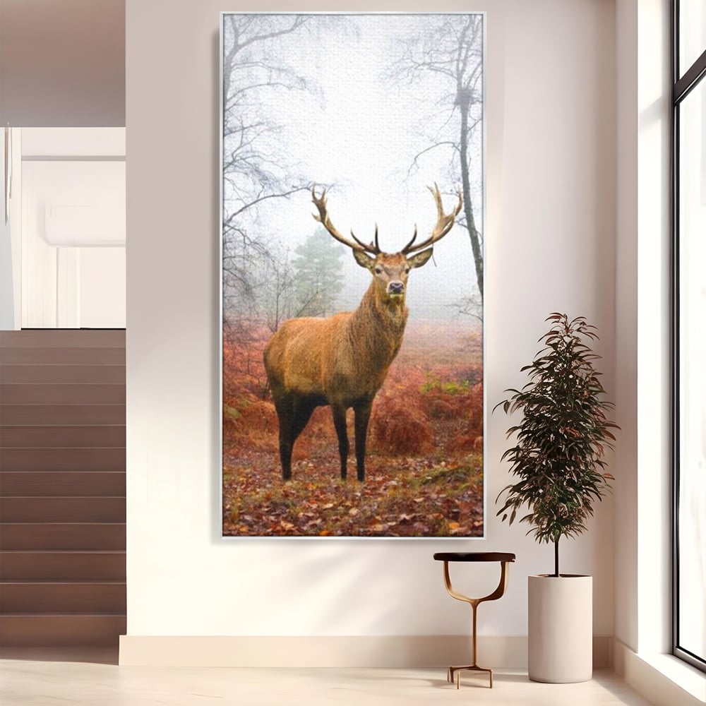 Tablou canvas cu tablou canvas cu cerb in padure cu ceata, in rama de aluminiu argintiu