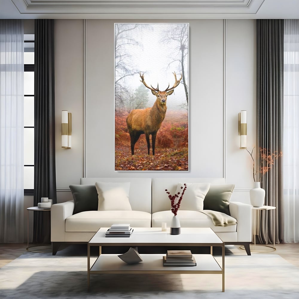 Tablou canvas cu tablou canvas cu cerb in padure cu ceata, in rama de aluminiu argintiu, pe perete intr-un living