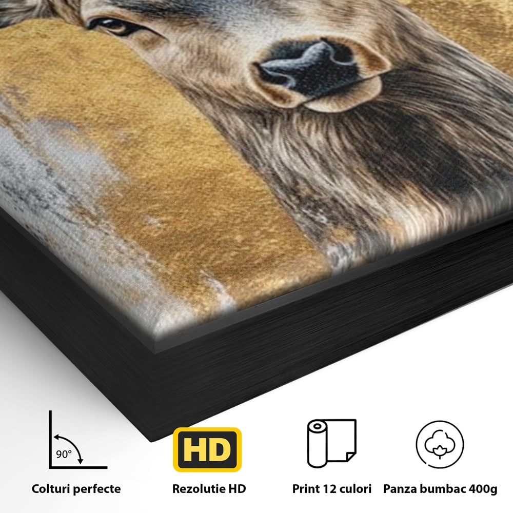 Detaliu al suprafetei: tablou canvas cu cerb si accente aurii, in rama de aluminiu negru