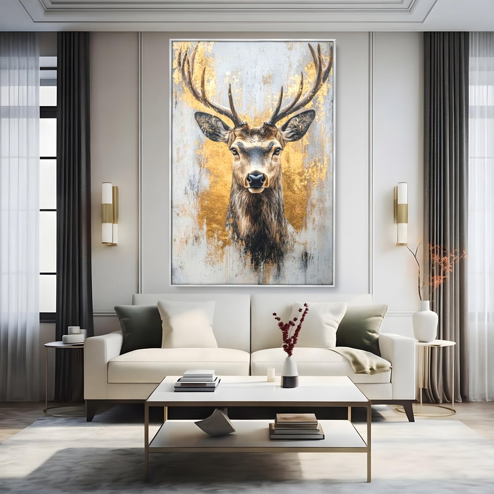 Tablou canvas cu tablou canvas cu cerb si accente aurii, in rama de aluminiu argintiu, pe perete intr-un living
