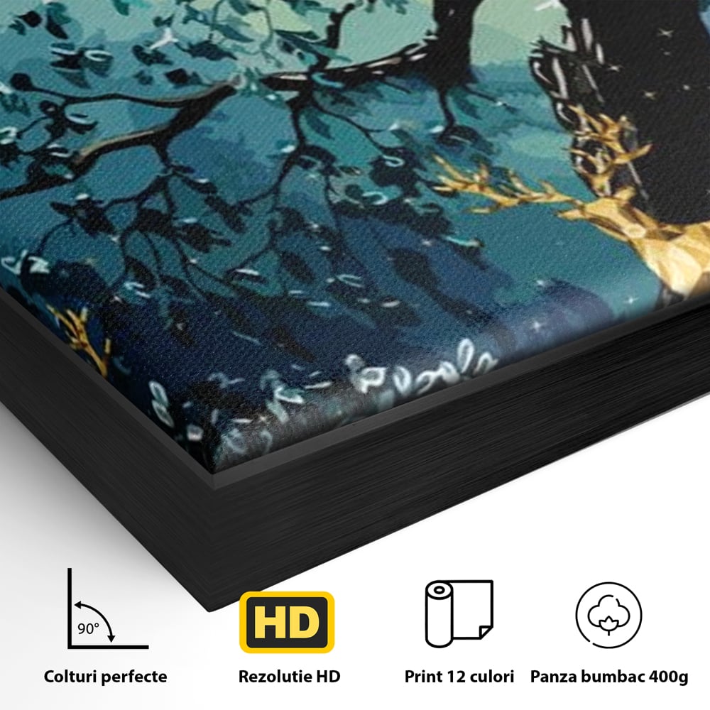 Detaliu al suprafetei: tablou canvas cu cerbi aurii si padure nocturna, in rama de aluminiu negru