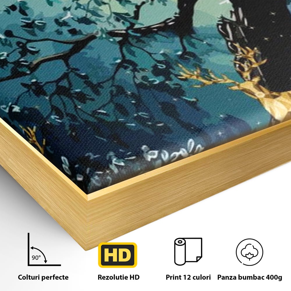 Detaliu al suprafetei: tablou canvas cu cerbi aurii si padure nocturna, in rama de aluminiu auriu