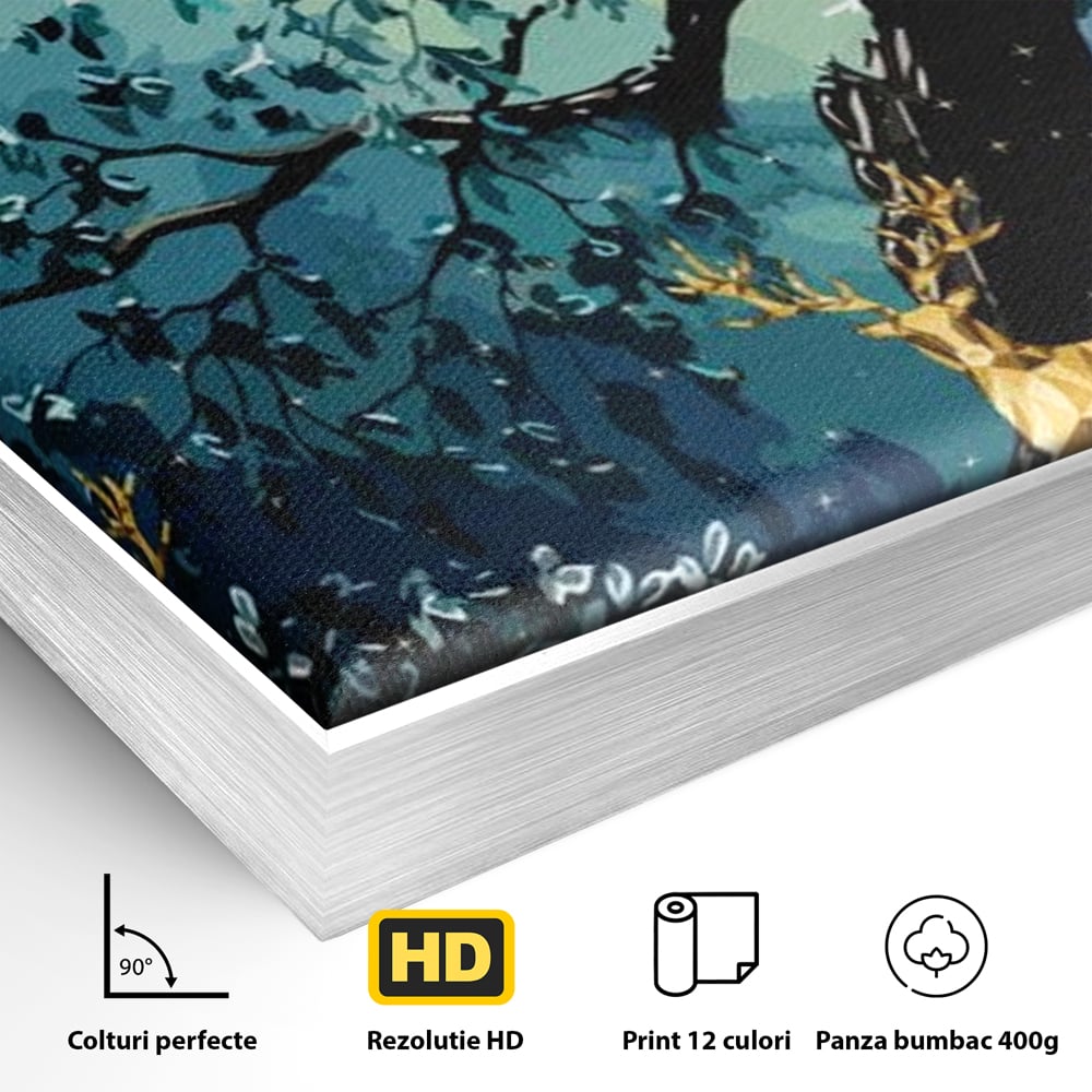 Detaliu al suprafetei: tablou canvas cu cerbi aurii si padure nocturna, in rama de aluminiu argintiu
