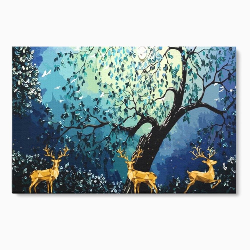 Tablou canvas cu tablou canvas cu cerbi aurii si padure nocturna, fara rama, pe sasiu de lemn