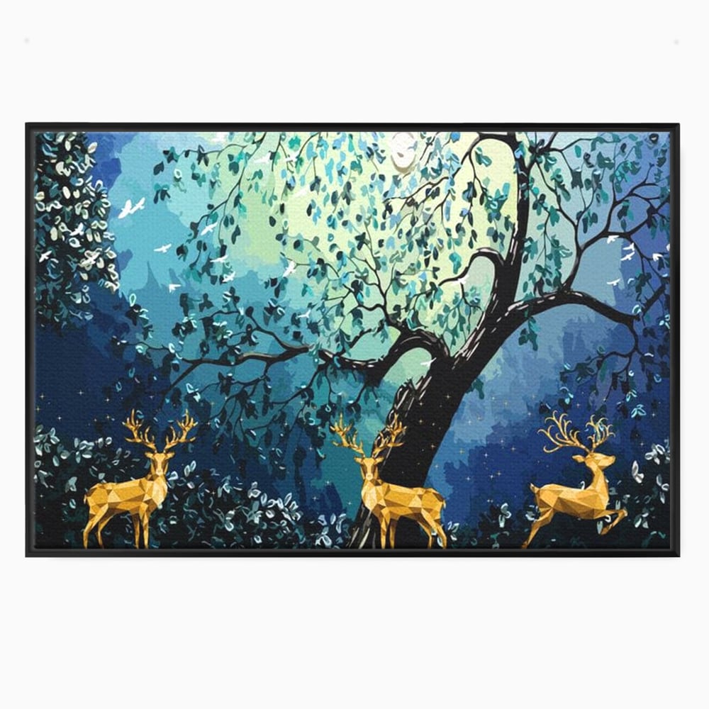 Tablou canvas cu tablou canvas cu cerbi aurii si padure nocturna, in rama de aluminiu negru