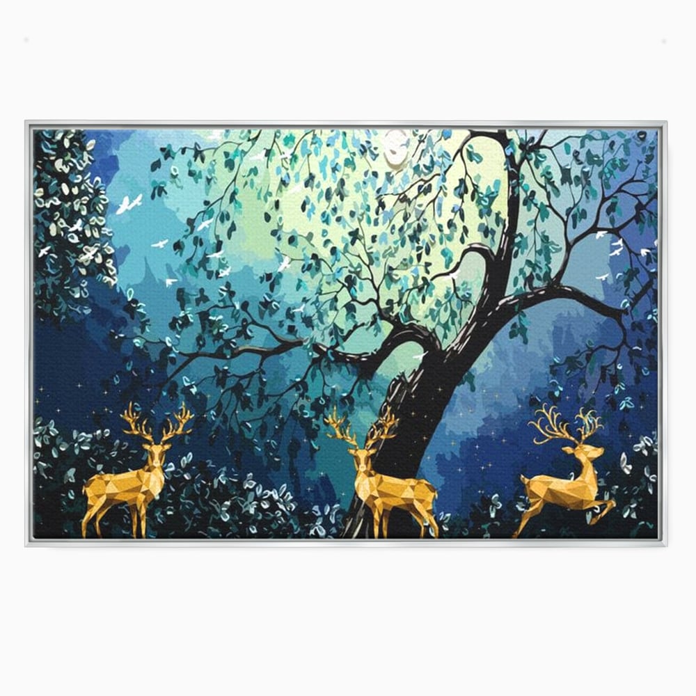 Tablou canvas cu tablou canvas cu cerbi aurii si padure nocturna, in rama de aluminiu argintiu