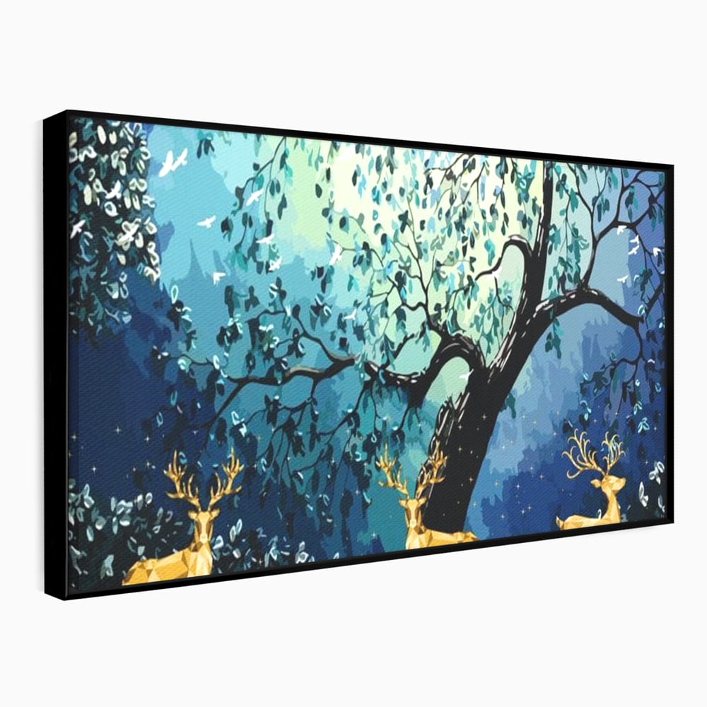 Tablou canvas cu tablou canvas cu cerbi aurii si padure nocturna, in rama de aluminiu negru