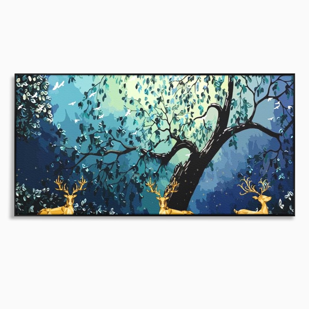 Tablou canvas cu tablou canvas cu cerbi aurii si padure nocturna, in rama de aluminiu negru