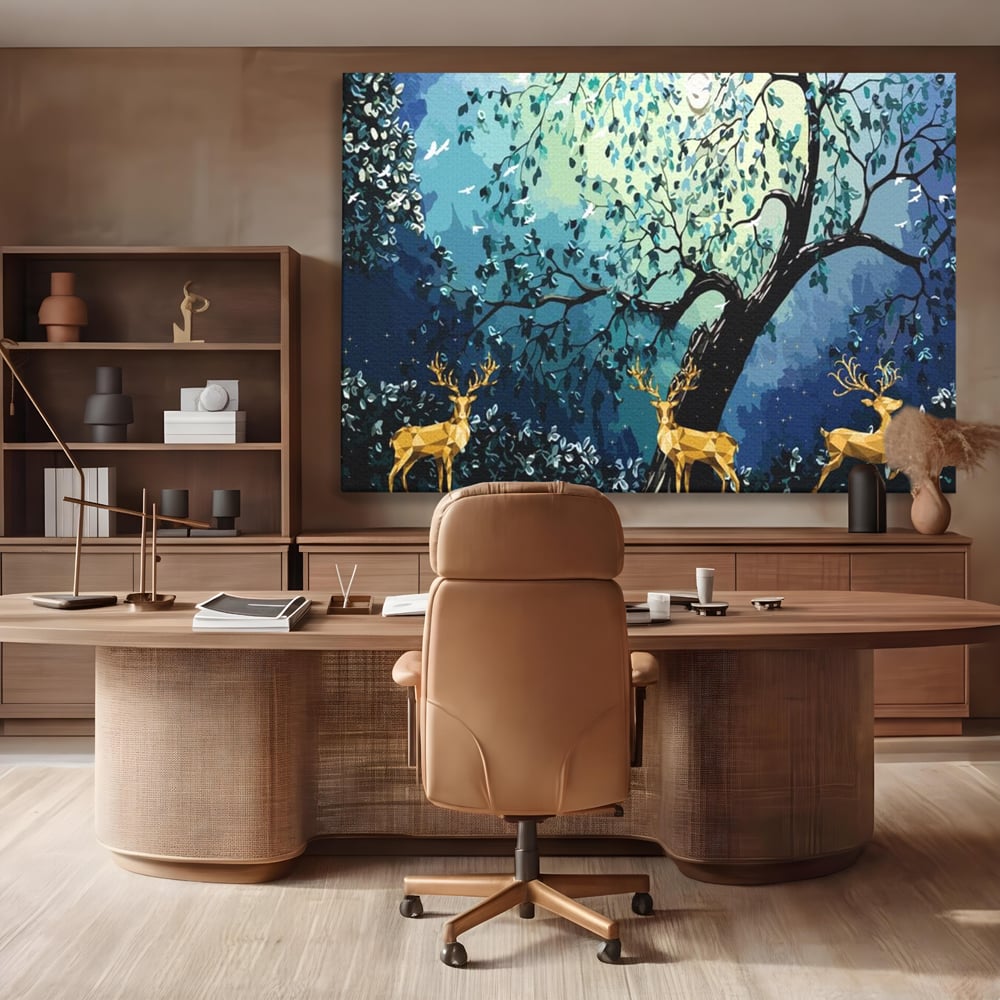 Tablou canvas cu tablou canvas cu cerbi aurii si padure nocturna, fara rama, pe sasiu de lemn, pe perete intr-un birou